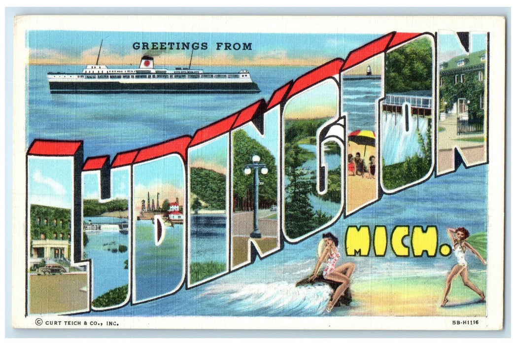 c1940's Greetings From Ludington Beach Michigan MI Unposted Steamship Postcard