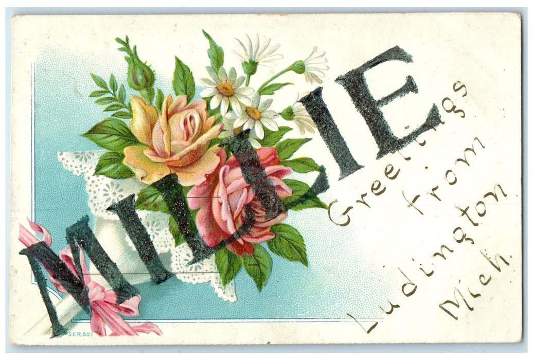 c1940's Greetings From Ludington Michigan MI Unposted Embossed Flowers Postcard