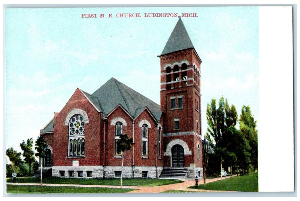 c1920s First Methodist Episcopal Church Exterior Ludington Michigan MI Postcard