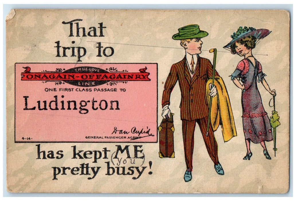 1918 That Trip To Ludington Kept Me Pretty Busy Train Ad Ludington MI Postcard