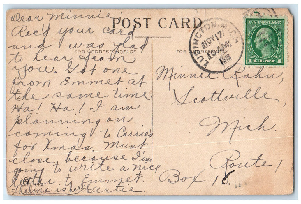 1918 That Trip To Ludington Kept Me Pretty Busy Train Ad Ludington MI Postcard