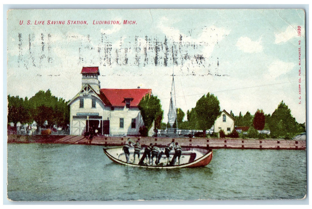 1907 U.S. Life Saving Station People Boat Ludington Michigan MI Posted  Postcard