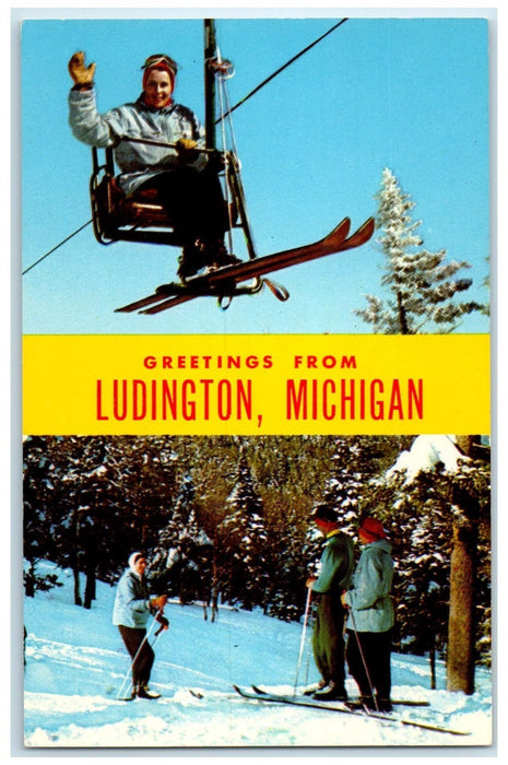 c1960s Greetings From Ludington Skiing Dual View Michigan MI Unposted Postcard