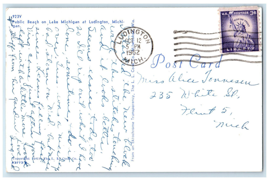1962 Public Beach On Lake Michigan Ludington Michigan MI Posted Trees Postcard