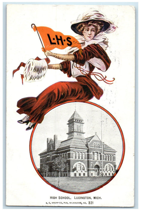 1911 Girl Sitting On Circle High School Exterior Ludington MI Posted Postcard