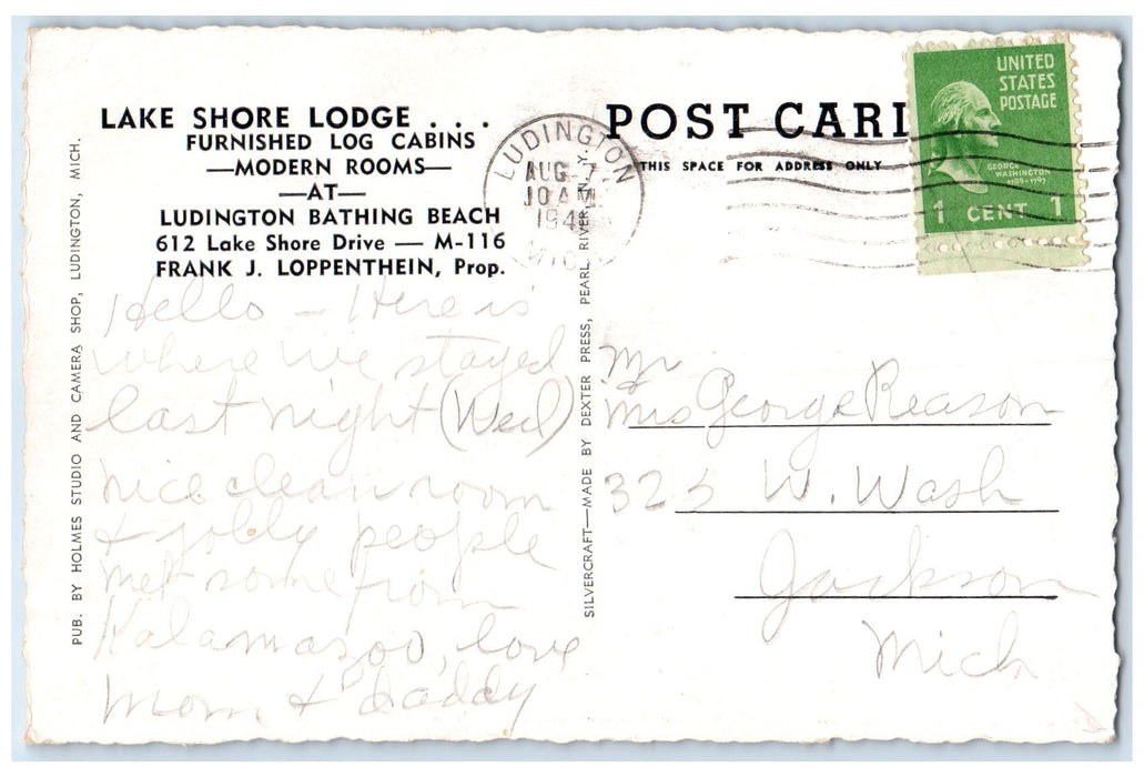1948 Lake Shore Lodge Furnished Log Cabins Bathing Beach Ludington MI Postcard