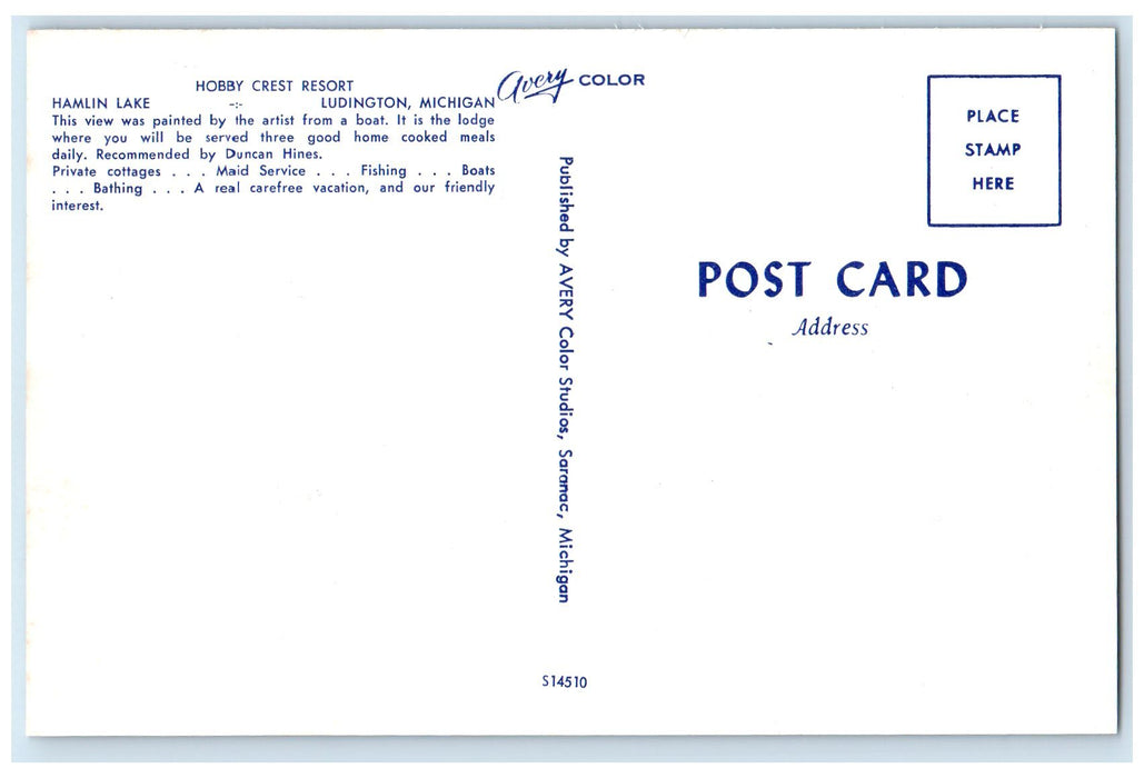 c1960's Hobby Crest American Plan Resort Hamlin Lake Ludington MI Paint Postcard