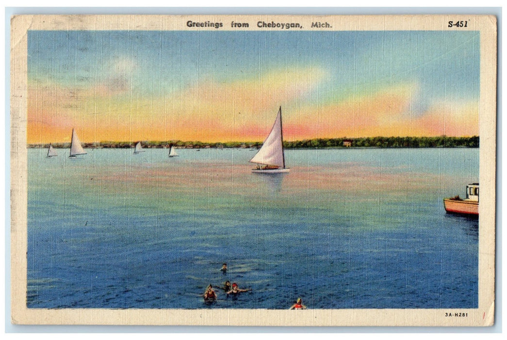 1948 Greetings From Cheboygan Sailboats Boat Bathing Michigan MI Posted Postcard