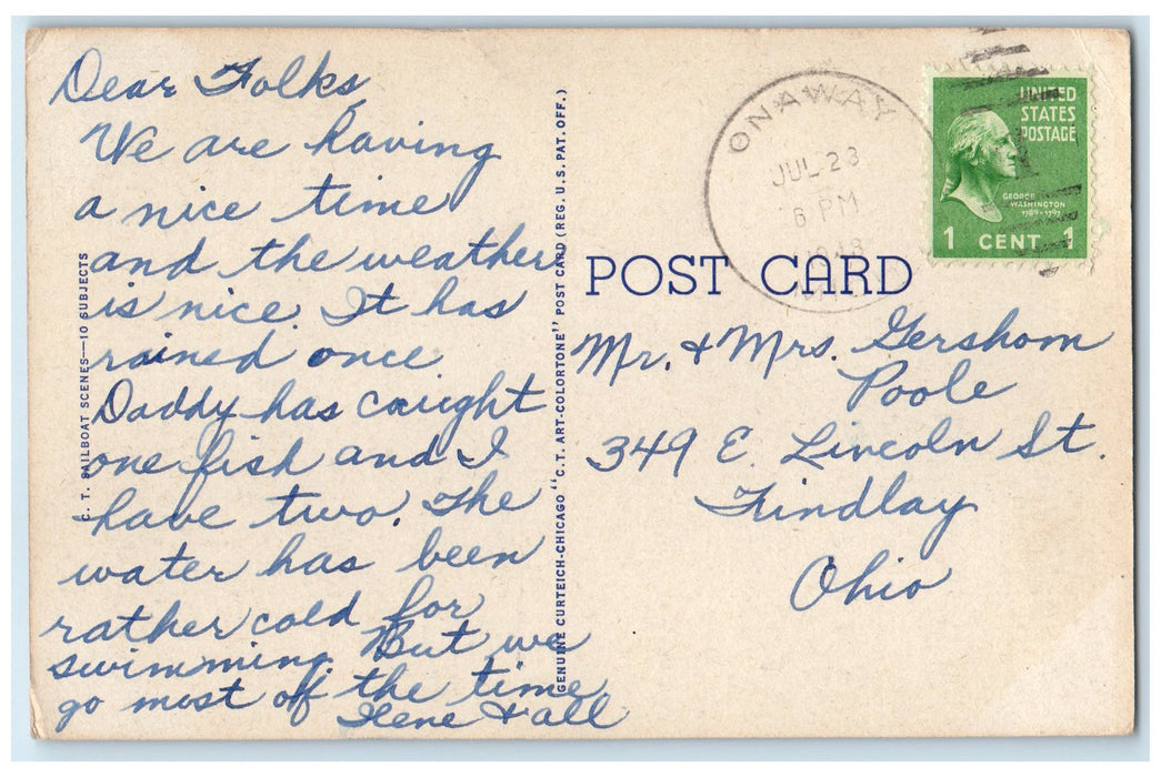 1948 Greetings From Cheboygan Sailboats Boat Bathing Michigan MI Posted Postcard