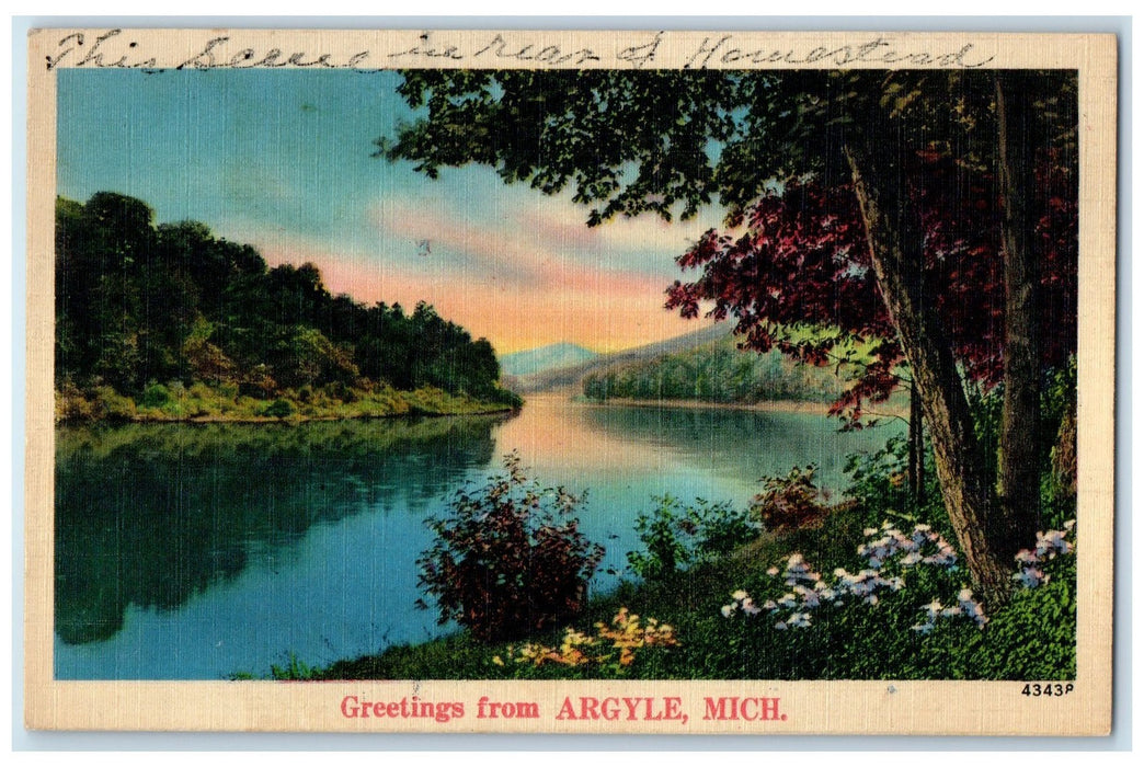 1941 Greetings From Argyle Lake River Grove Mountain Michigan MI Posted Postcard