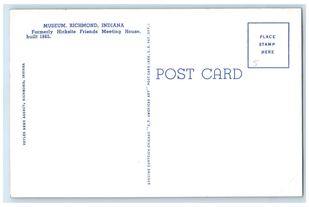 c1950's Museum Building House Formerly Hicksite Richmond Indiana IN Postcard