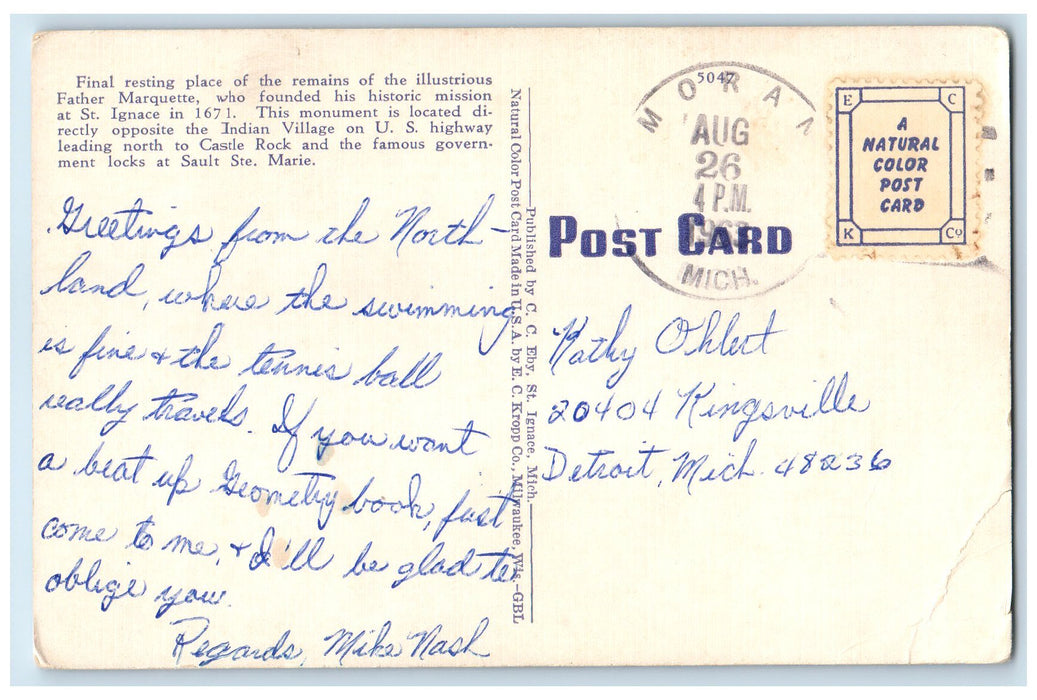 1963 Marquette Monument Opposite India Village St. Ignace Michigan MI Postcard