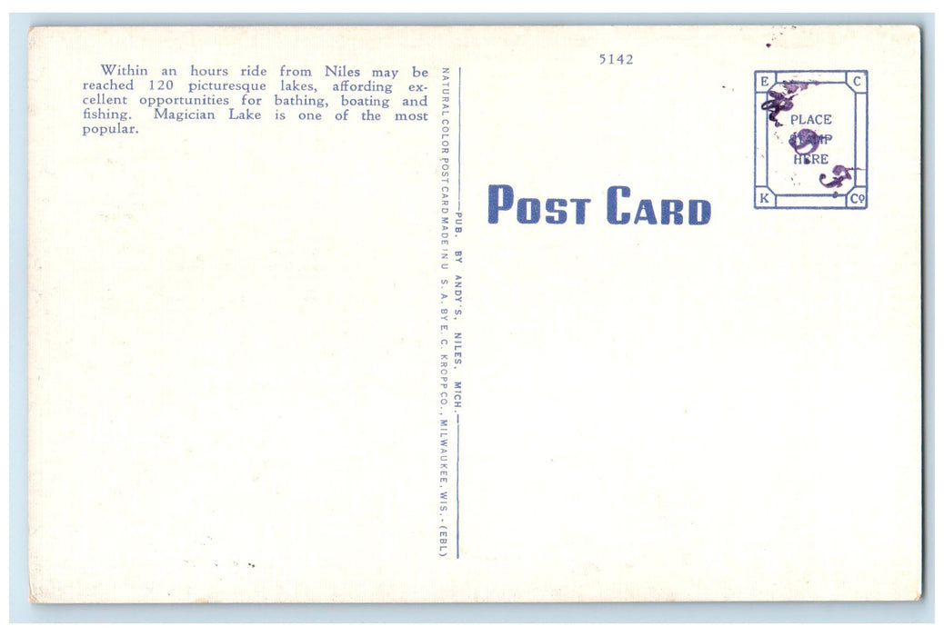 c1940's Magician Lake For Bathing Boating & Fishing Niles Michigan MI Postcard