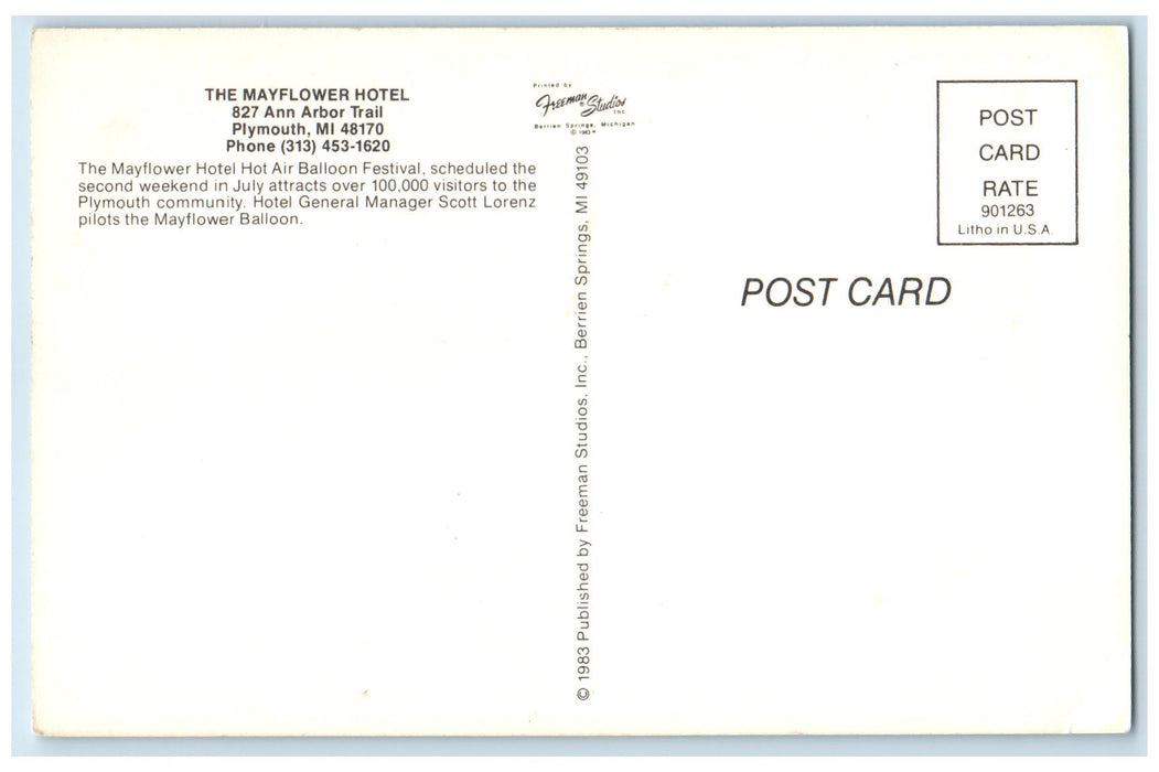 c1950's The May Flower Hotel Ann Arbor Trail Air Balloon Plymouth MI Postcard