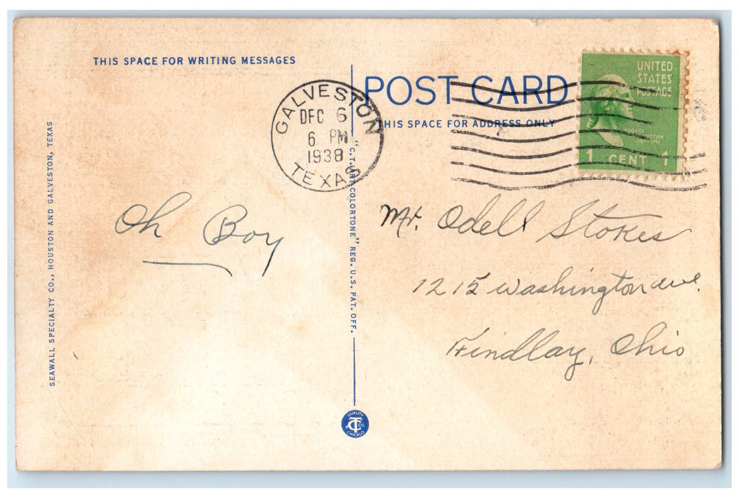 1938 Greetings From Galveston Gulf Of Mexico At Night Texas TX Posted Postcard