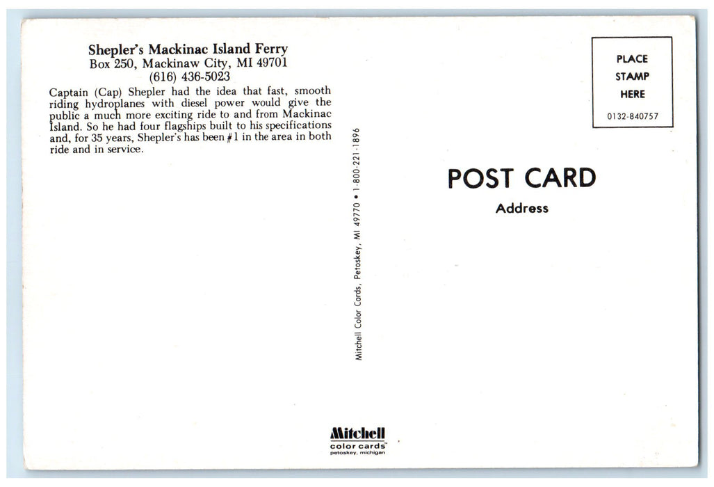 c1950's Shepler's Mackinac Island Ferry Passenger Boat Mackinaw City MI Postcard