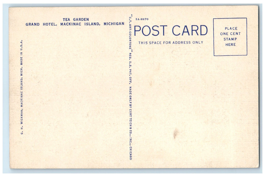c1920's Tea Garden Grand Hotel Restaurant Mackinac Island Michigan MI Postcard