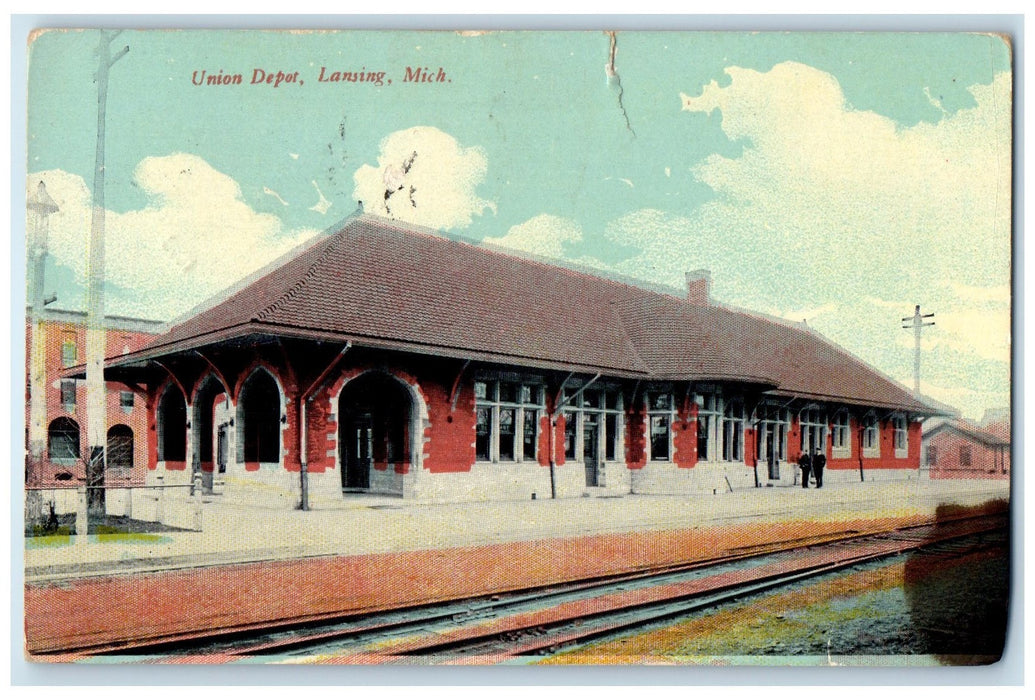 1913 Union Depot Railroad Building Guard On Duty Lansing Michigan MI Postcard
