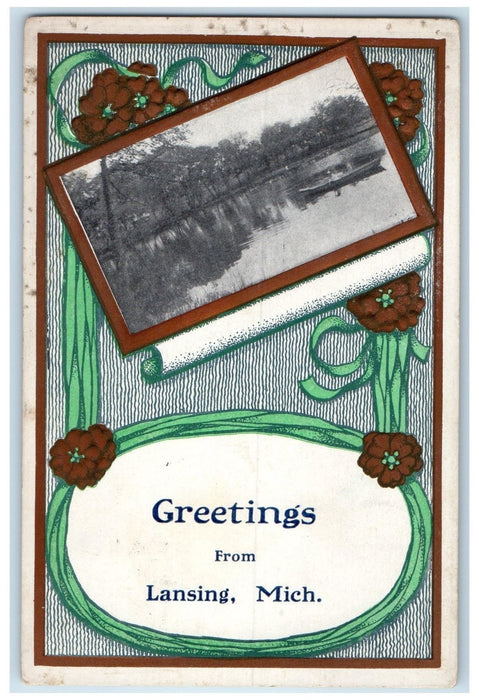 1911 Greetings From Lansing Lake River Boating Grove Michigan MI Posted Postcard