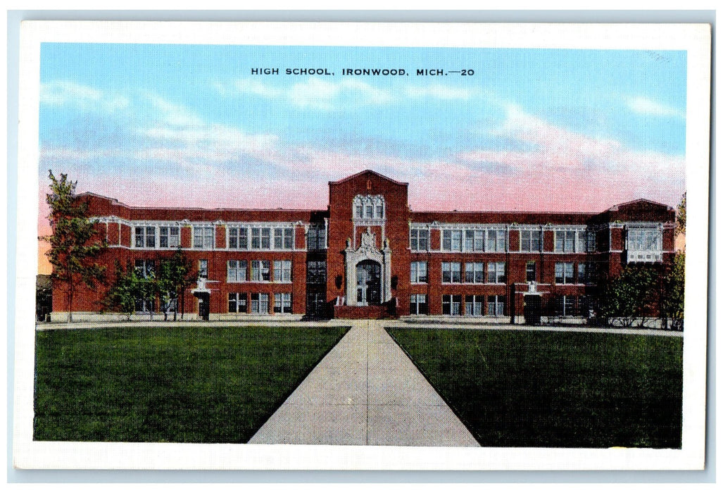c1940's High School Campus Building Entrance View Ironwood Michigan MI Postcard