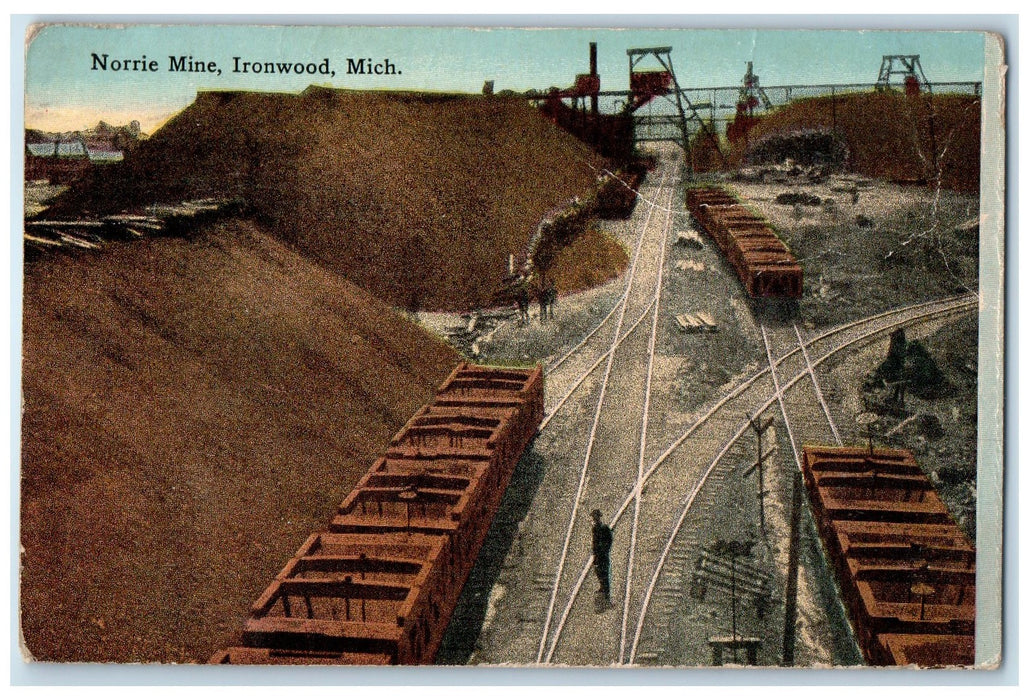 1918 Norrie Mine Shaft Stockpile Railway Workers On Ground Ironwood MI Postcard