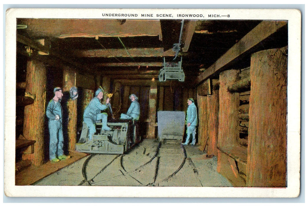 c1920's Underground Mine Scene Miner Rail Ironwood Michigan MI Unposted Postcard