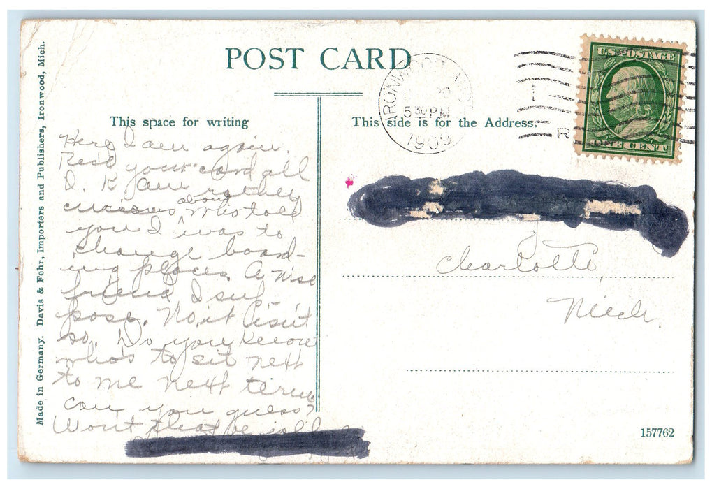 1909 Central School campus Building Clock Tower Ironwood Michigan MI Postcard