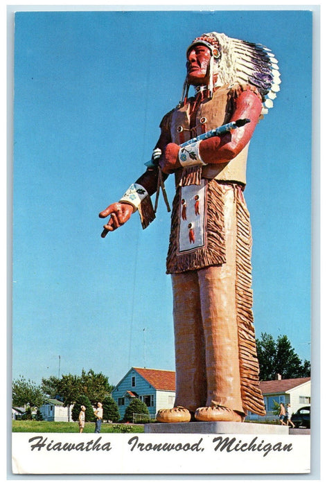 1972 Hiawatha World Tallest Indian Statue Monument Ironwood Michigan MI Postcard