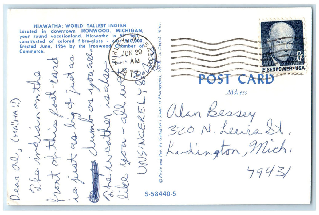 1972 Hiawatha World Tallest Indian Statue Monument Ironwood Michigan MI Postcard
