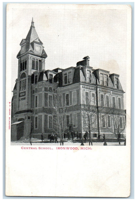 c1905 Central School Campus Building Students Winter Trees Ironwood MI Postcard
