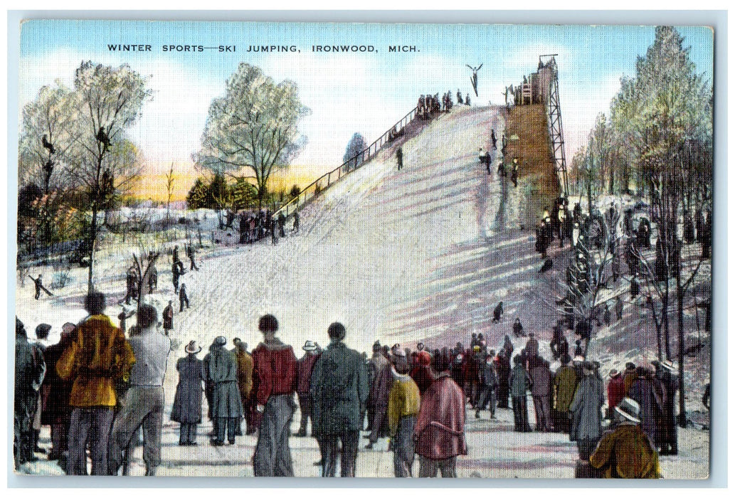 c1940's Winter Sports Ski Jumping Crowd Contest Ironwood Michigan MI Postcard