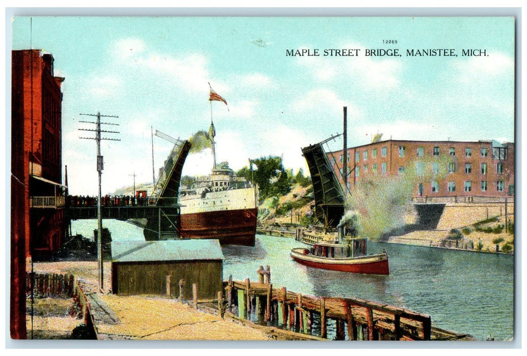 c1910's Maple Street Bridge Steamer Passenger Ship Manistee Michigan MI Postcard