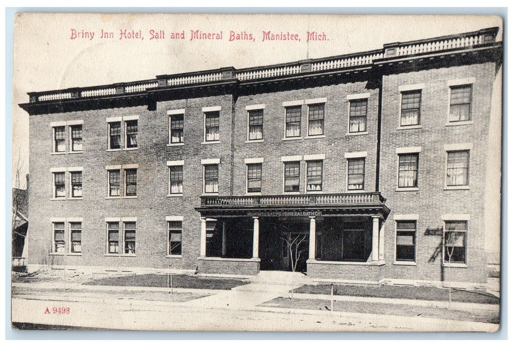 1912 Briny Inn Hotel Salt & Minerals Bath Restaurant Manistee MI Posted Postcard