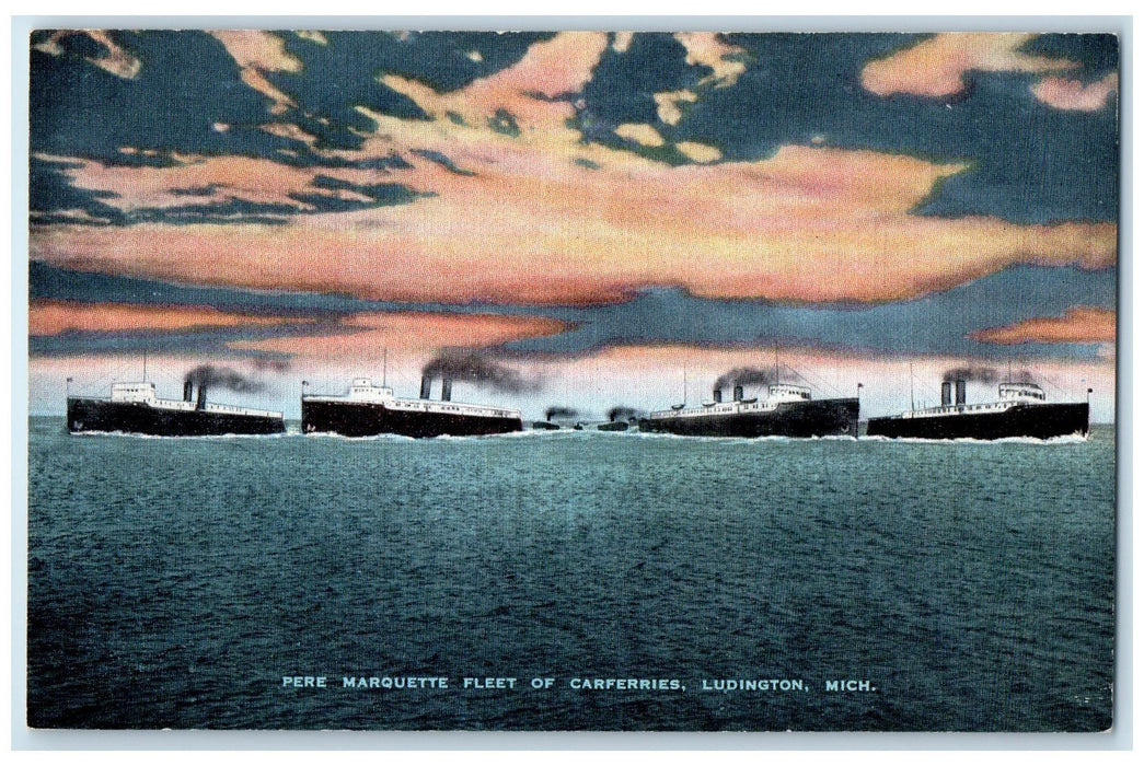 c1940's Pere Marquette Fleet Of Carferries Ludington Michigan MI Ships Postcard