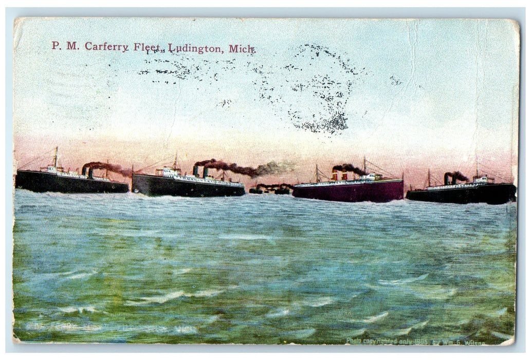 1913 P. M. Carferry Fleet Steamships Scene Ludington Michigan MI Posted Postcard