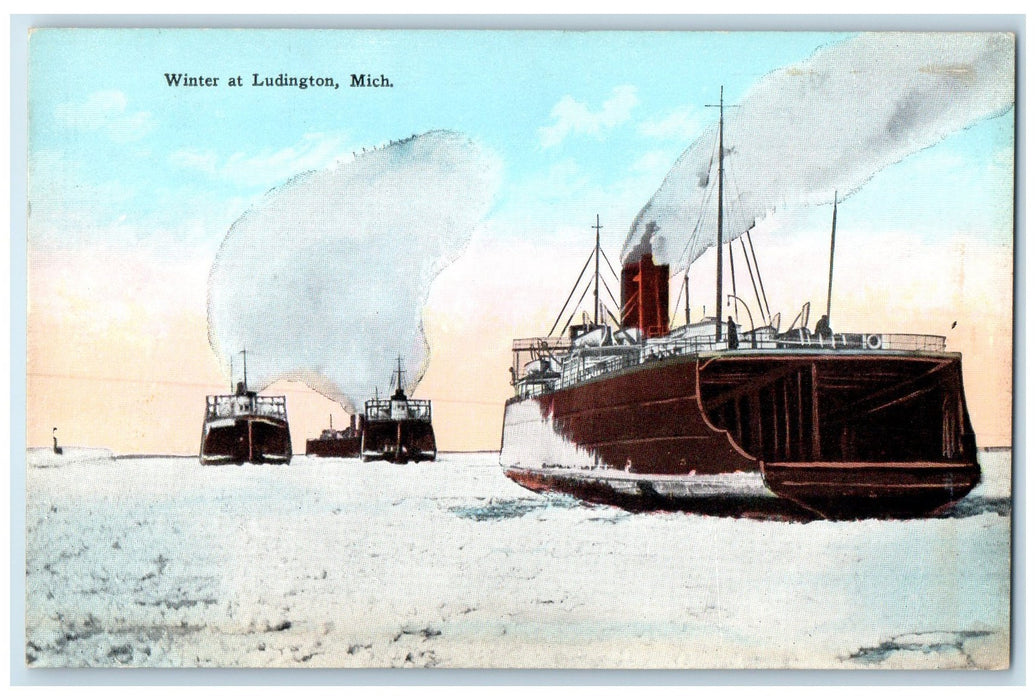c1920's Steamships Scene Winter At Ludington Michigan MI Unposted Snow Postcard