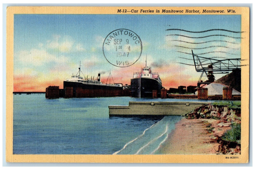 1947 Car Ferries In Manitowoc Harbor Manitowoc Wisconsin WI Steamship Postcard