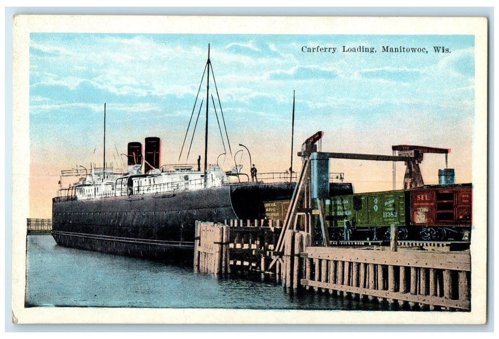 c1920s Carferry Loading Scene Manitowoc Wisconsin WI Unposted Steamship Postcard