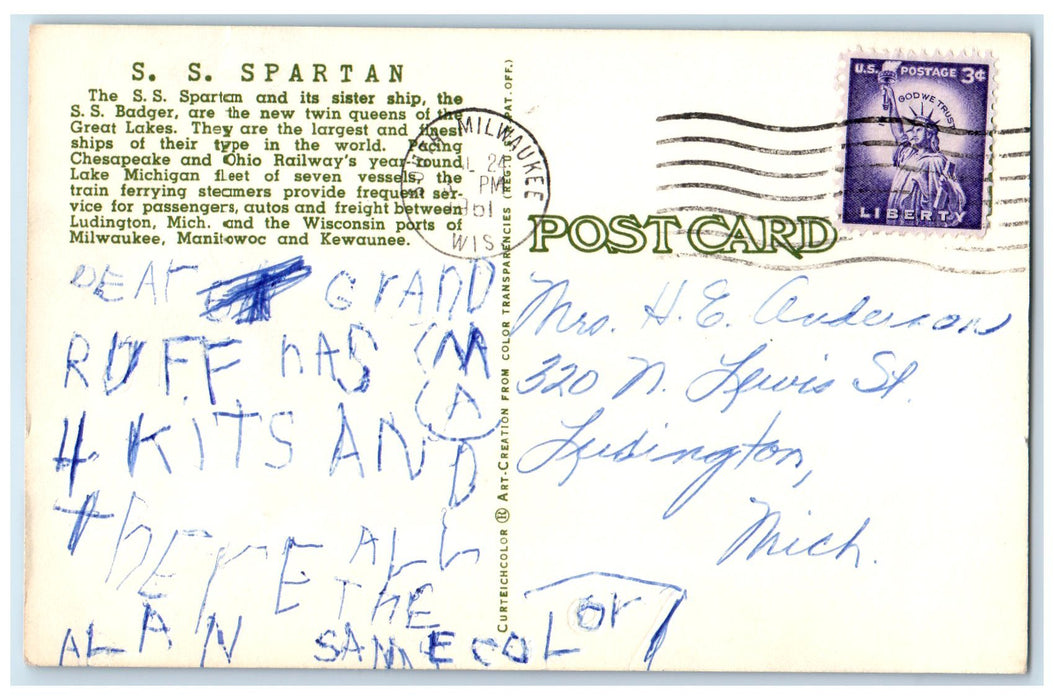 1961 S.S. Spartan And Its Sister Ship S.S. Badger Milwaukee WI Posted Postcard