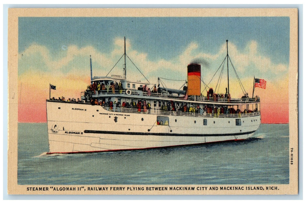 c1940's Algomah II Railway Ferry Mackinaw City And Mackinac Island MI Postcard
