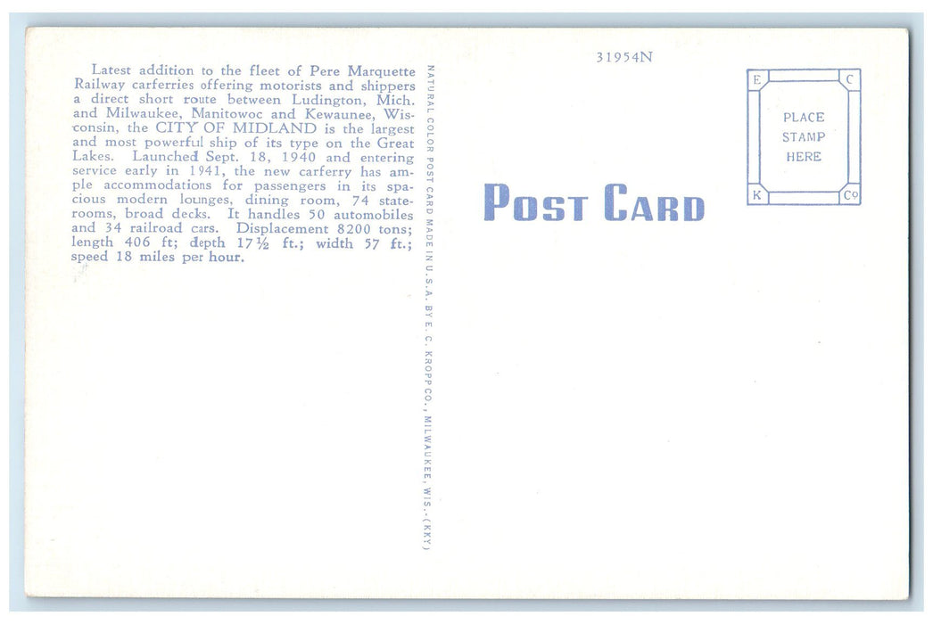 c1940's Pere Marquette Railway The Railroad Crosses Lake Michigan MI Postcard