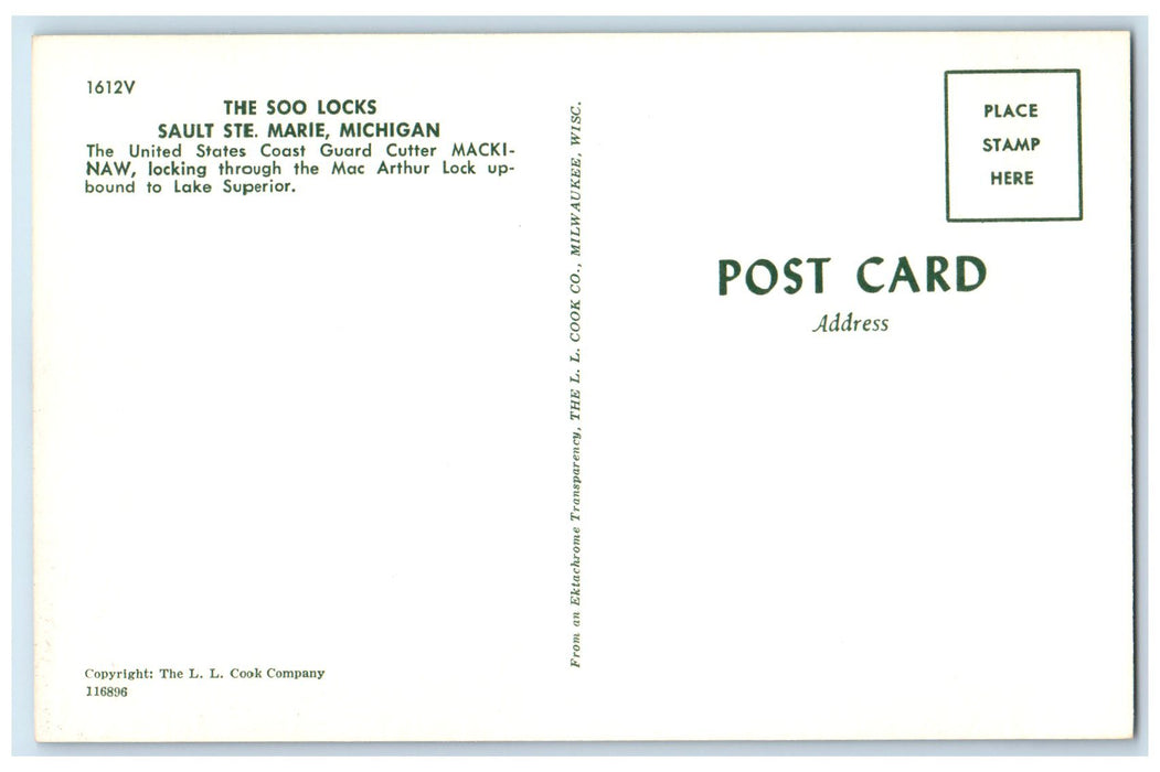 c1960's Mackinaw The Soo Locks Sault Ste. Marie MI Unposted Steamship Postcard