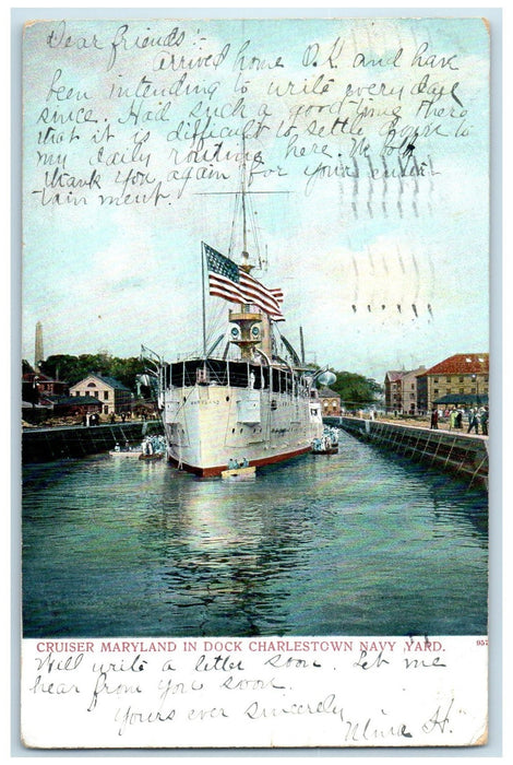 1908 Cruiser Maryland In Dock Charlestown Navy Yard Boston MA Posted Postcard