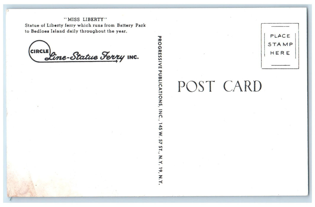 c1960's Statue Ferry Miss Liberty Battery Park To Beadloes Island NY Postcard