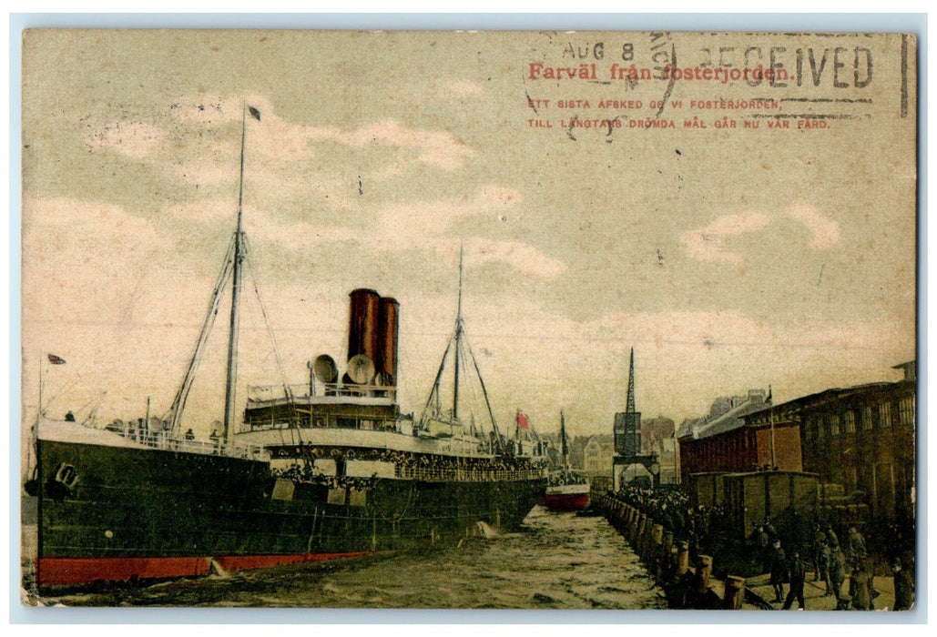 1907 Steamer Ship From Gothenburg Sweden To Michigan USA Posted Vintage Postcard