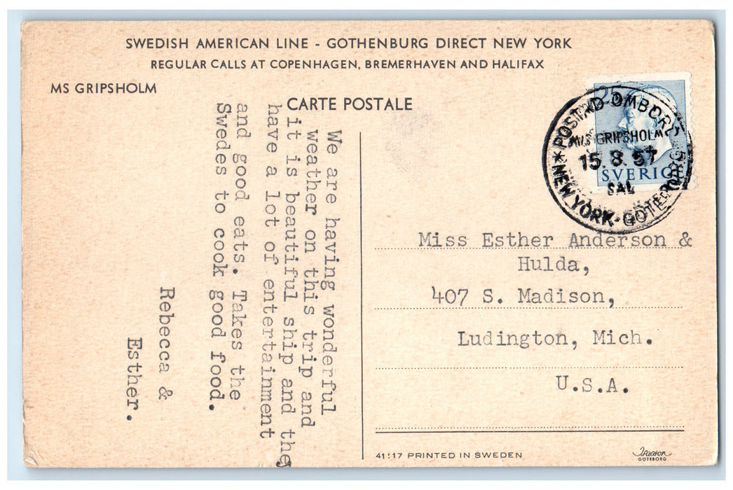 1957 Swedish American Line Steamship View Gothenburg New York NY Posted Postcard