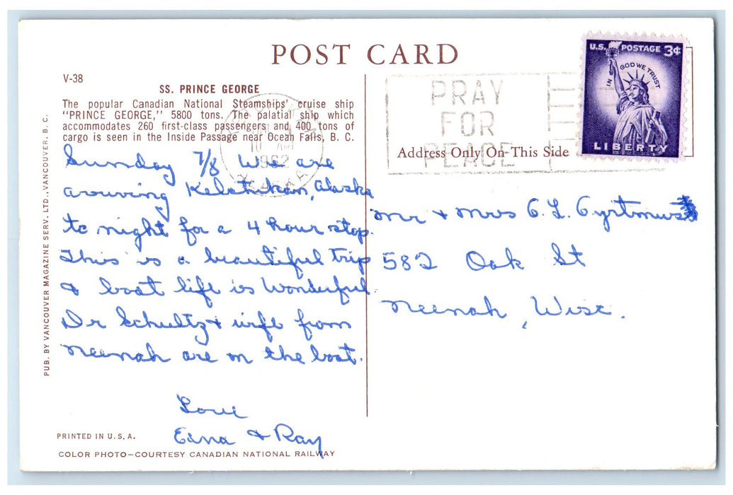 1962 S.S. Prince George Canadian National Ocean Falls Canada CA Posted Postcard