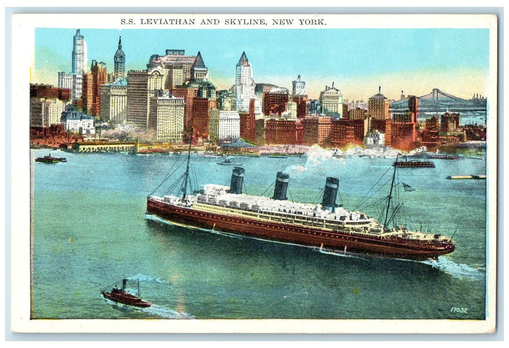 c1940's Steamship Leviathan And Skyline Scene New York City New York NY Postcard