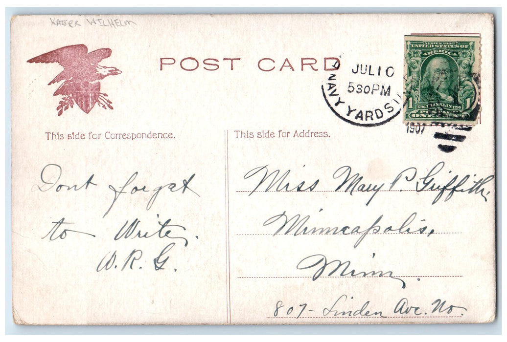 1907 Steamship Kaiser Wilhelm II Harbor Scene New York NY Posted Ships Postcard