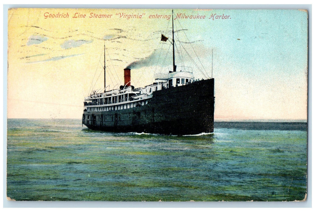 1910 Goodrich Line Steamer Virginia Entering Milwaukee Harbor WI Posted Postcard